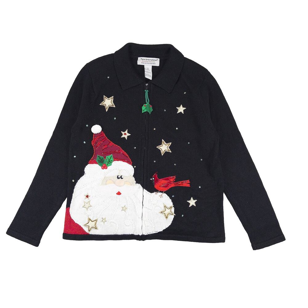 Tiara International VTG Zip Santa Cardigan Sweater Women M Black Christmas